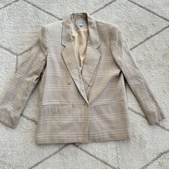 David Brooks Ltd. Vintage 80s Cream/Gray Plaid Double Breasted Blazer Sz 8 - Picture 1 of 15